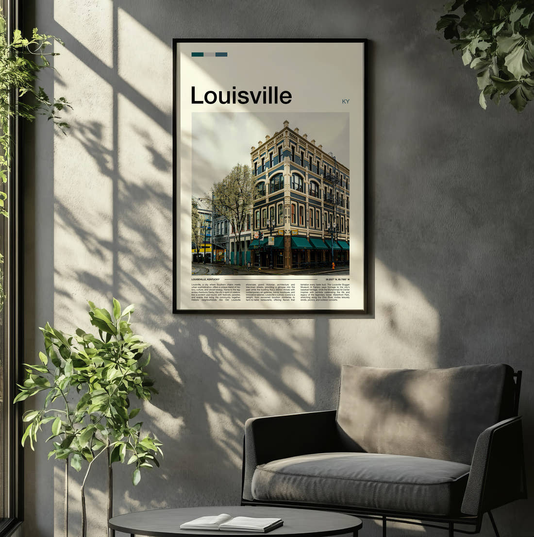 Louisville Ornate Cast Iron Building Travel Print framed on the wall of a relaxed living room