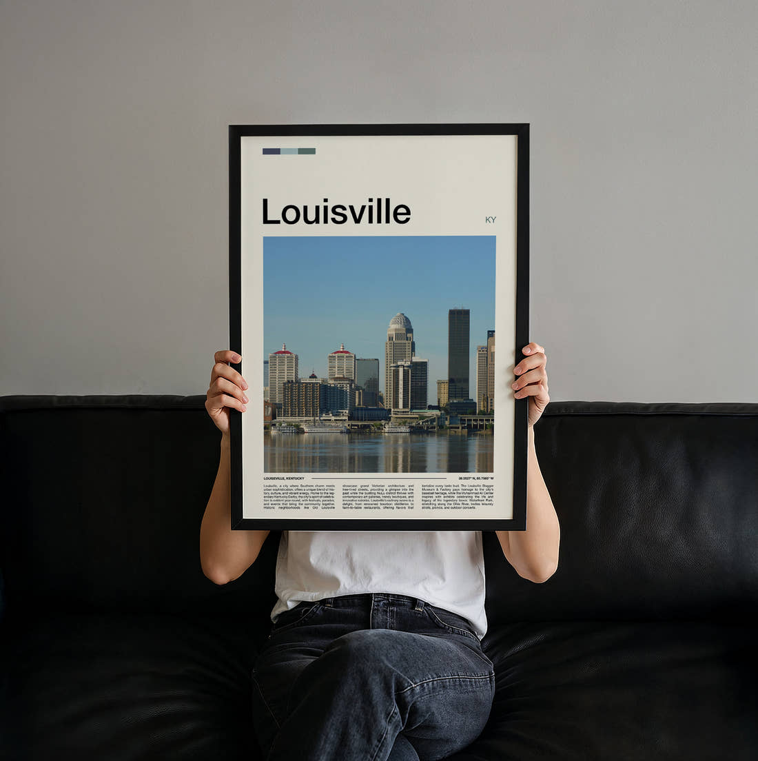 Louisville Skyline Across The River Travel Print held up by hand to show the size of the print