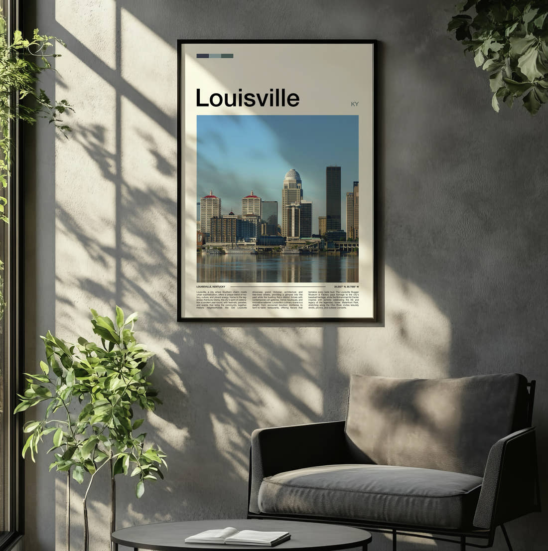 Louisville Skyline Across The River Travel Print framed on the wall of a relaxed living room