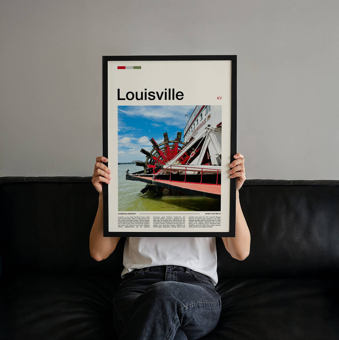 Louisville Steamboat Paddle Wheel Travel Print held up by hand to show the size of the print
