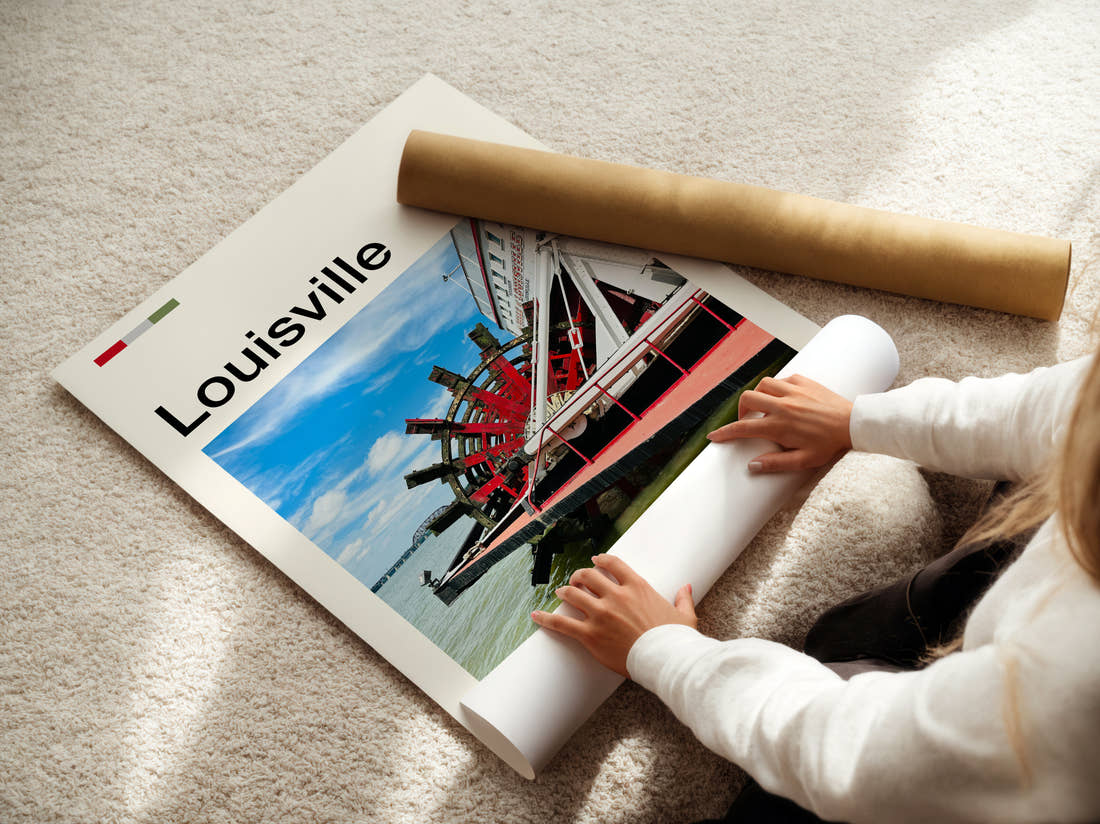 Louisville Steamboat Paddle Wheel Travel Print being unrolled from its postal tube