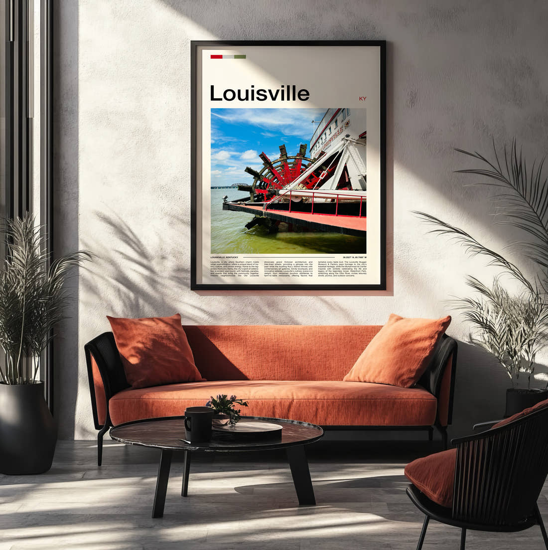 Louisville Steamboat Paddle Wheel Travel Print framed on the wall of a modern living room