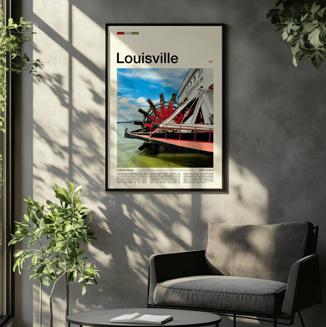 Louisville Steamboat Paddle Wheel Travel Print framed on the wall of a relaxed living room
