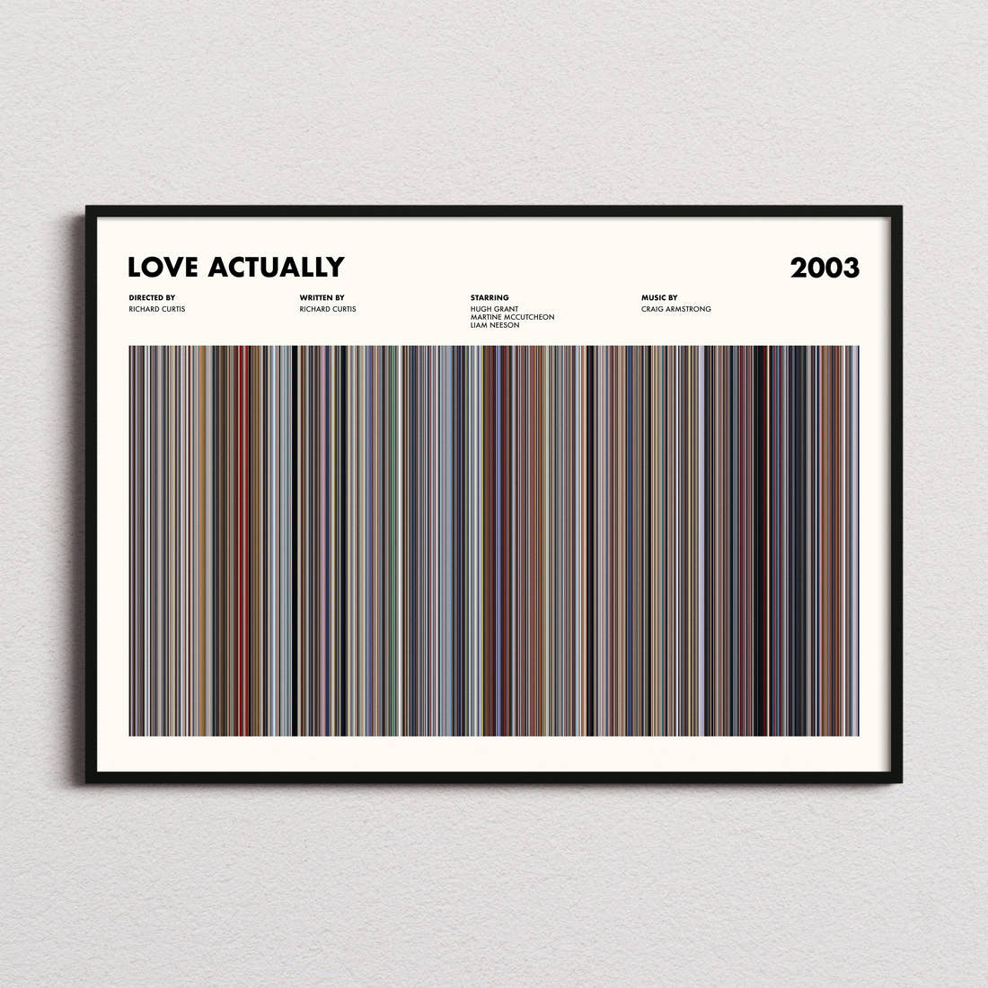 Love Actually Movie Barcode Poster framed and photographed straight on