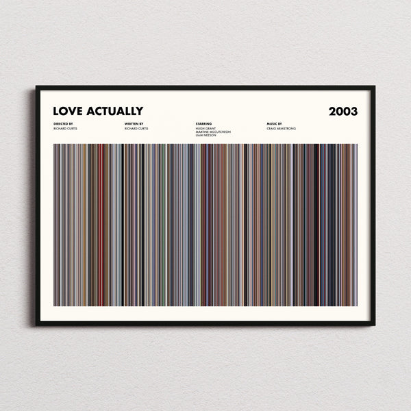 Love Actually Movie Barcode Poster framed and photographed straight on