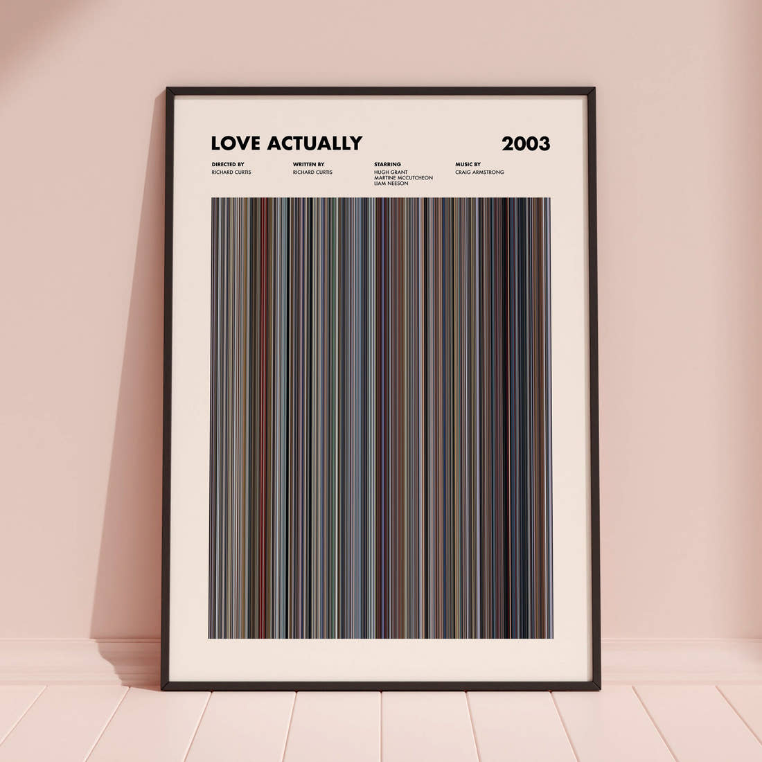 Love Actually Movie Barcode Poster framed and leaning against a coloured wall