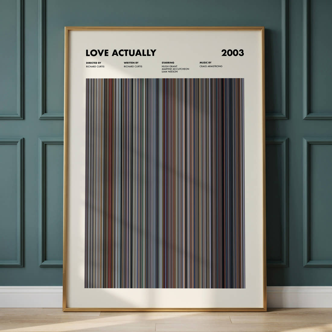 Love Actually Movie Barcode Poster framed and leaning against a panelled wall