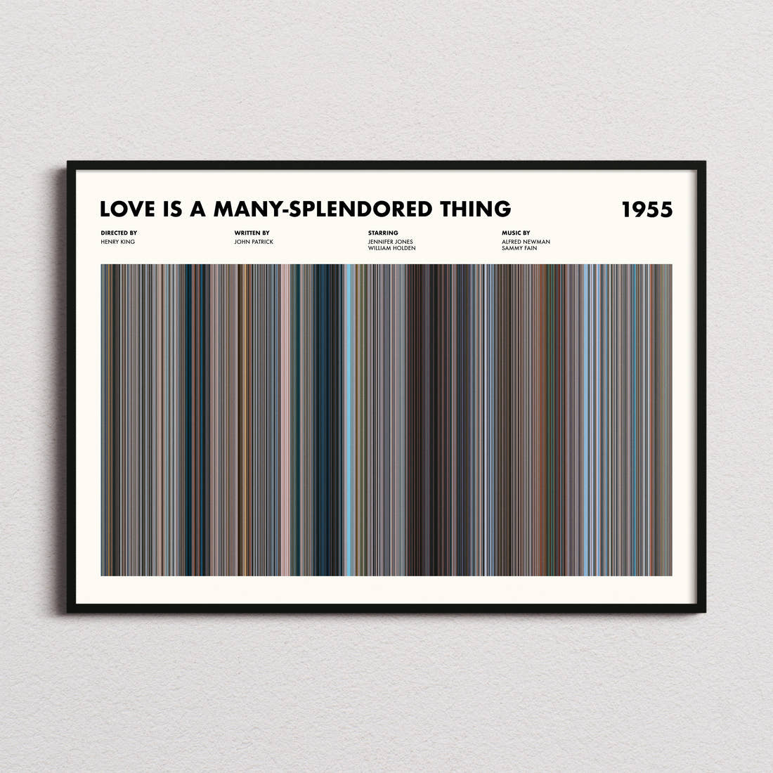 Love Is a Many-Splendored Thing Movie Barcode Poster framed and photographed straight on