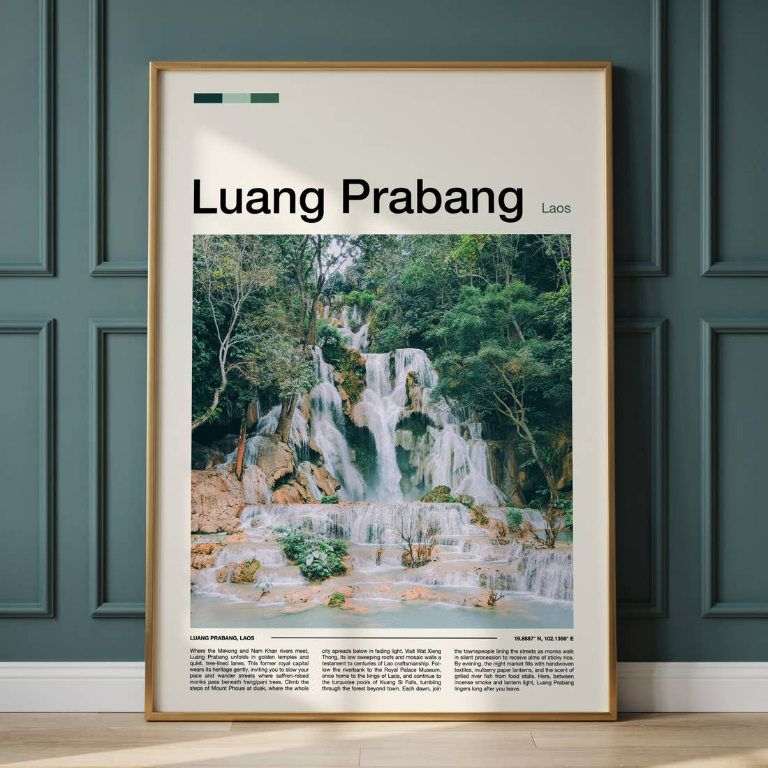 Luang Prabang Tiered Turquoise Waterfall Travel Print framed on the wall of a calm, neutral bedroom