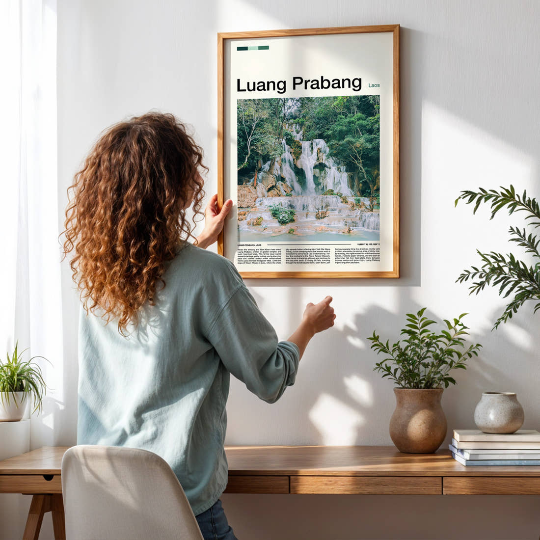 Luang Prabang Tiered Turquoise Waterfall Travel Print framed on a pale wall beside houseplants