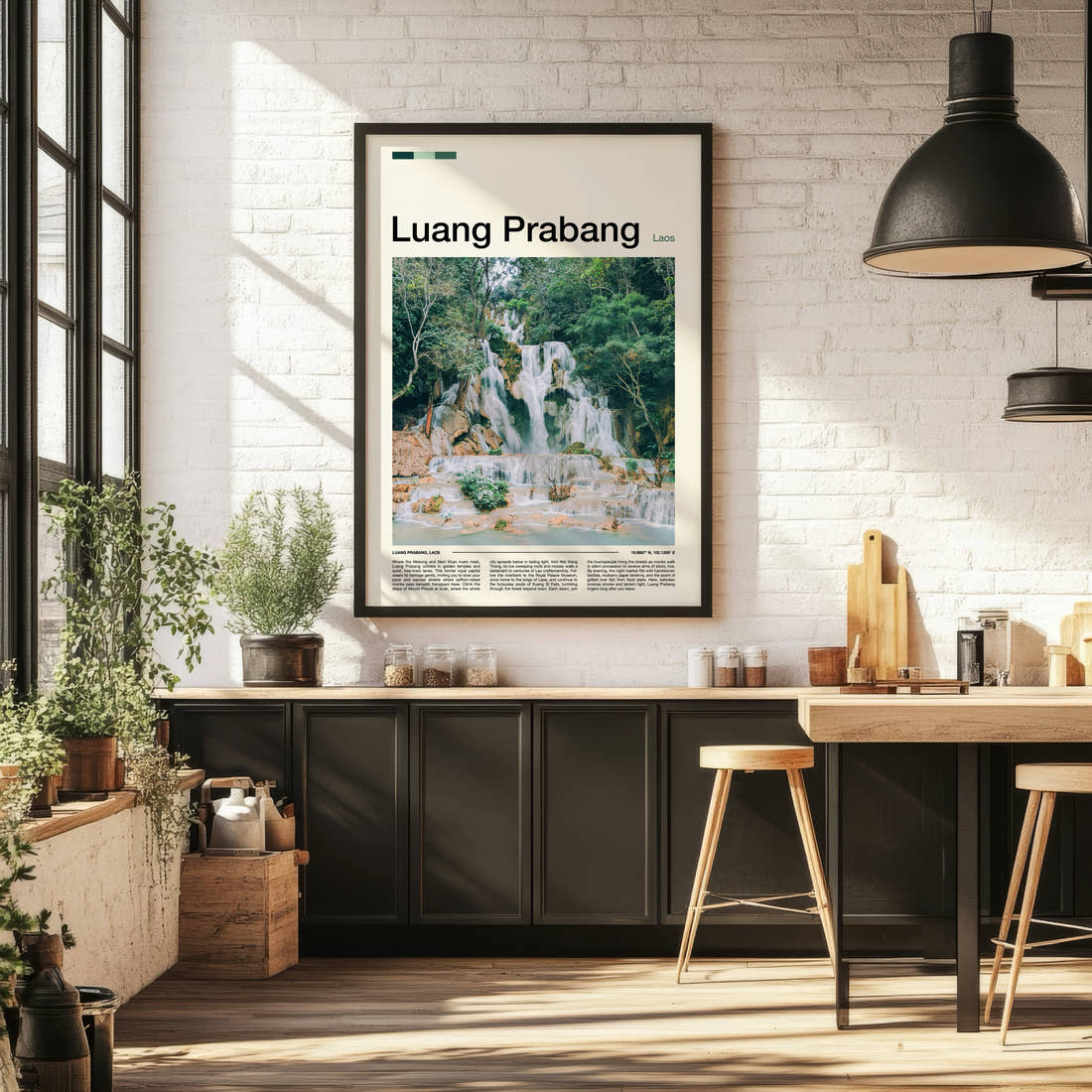 Luang Prabang Tiered Turquoise Waterfall Travel Print framed on the wall of a bright kitchen and dining space