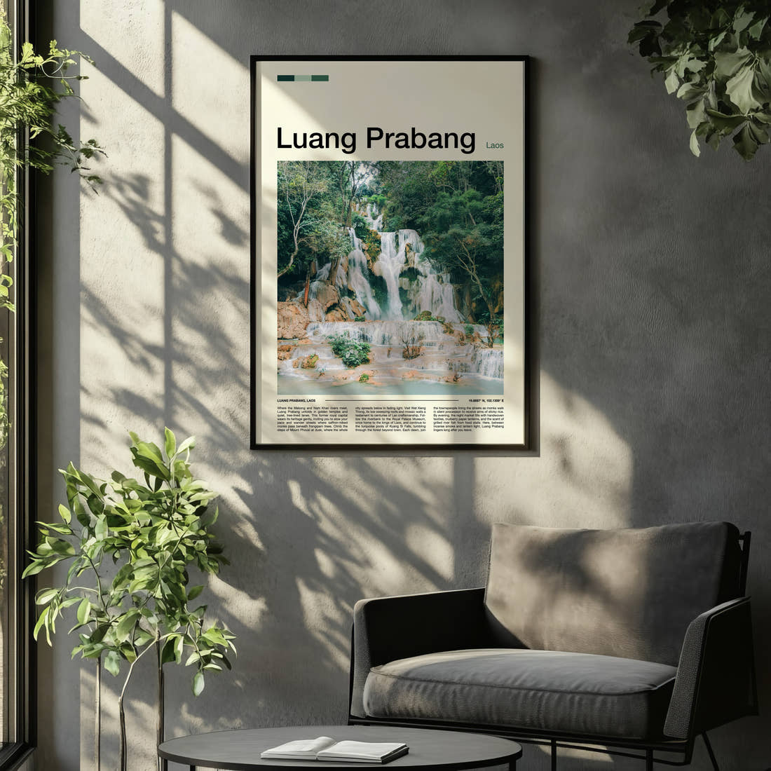 Luang Prabang Tiered Turquoise Waterfall Travel Print framed on the wall of a relaxed living room