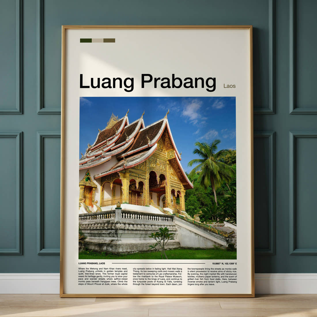 Luang Prabang Golden Temple Facade Travel Print framed on the wall of a calm, neutral bedroom