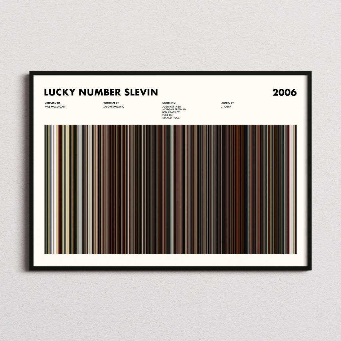 Lucky Number Slevin Movie Barcode Poster framed and photographed straight on