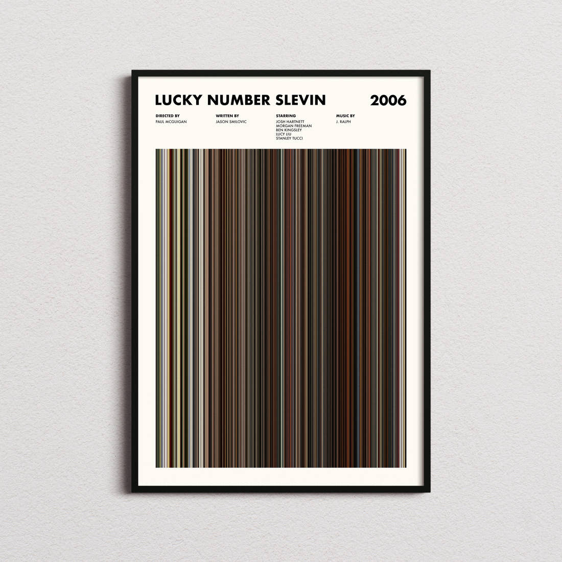 Lucky Number Slevin Movie Barcode Poster framed on a plain studio wall
