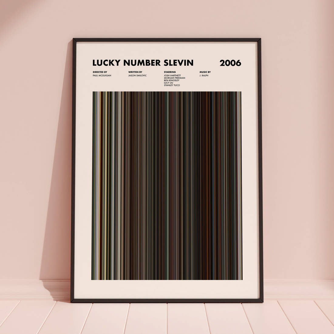 Lucky Number Slevin Movie Barcode Poster framed and leaning against a coloured wall