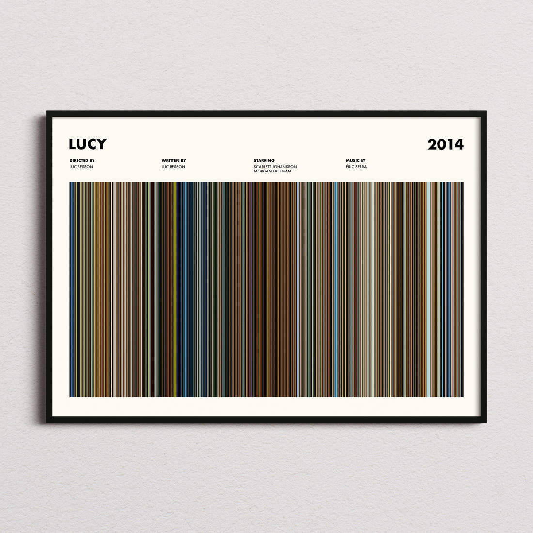 Lucy Movie Barcode Poster framed and photographed straight on