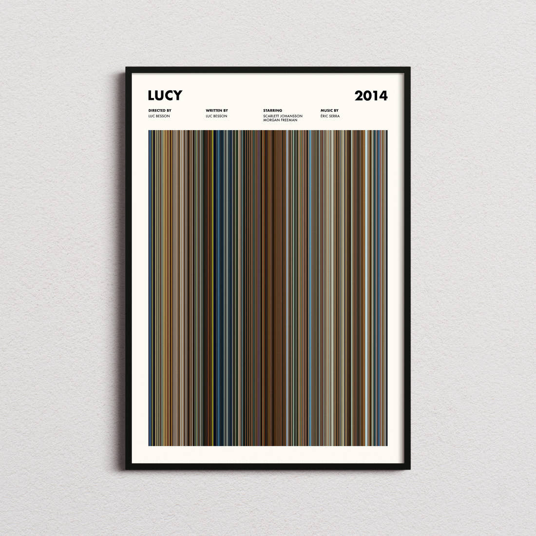 Lucy Movie Barcode Poster framed on a plain studio wall