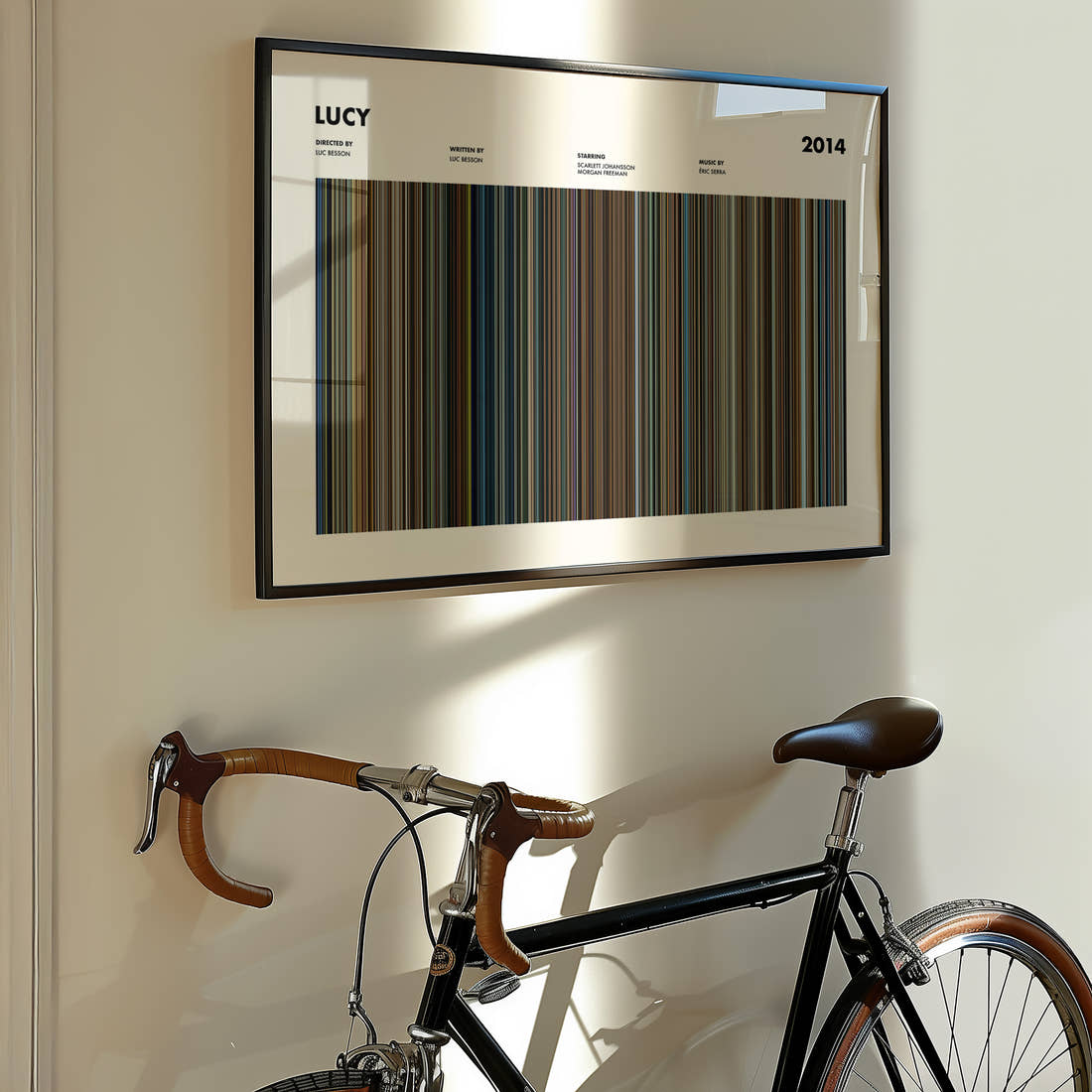 Lucy Movie Barcode Poster framed on the wall of a styled room setting