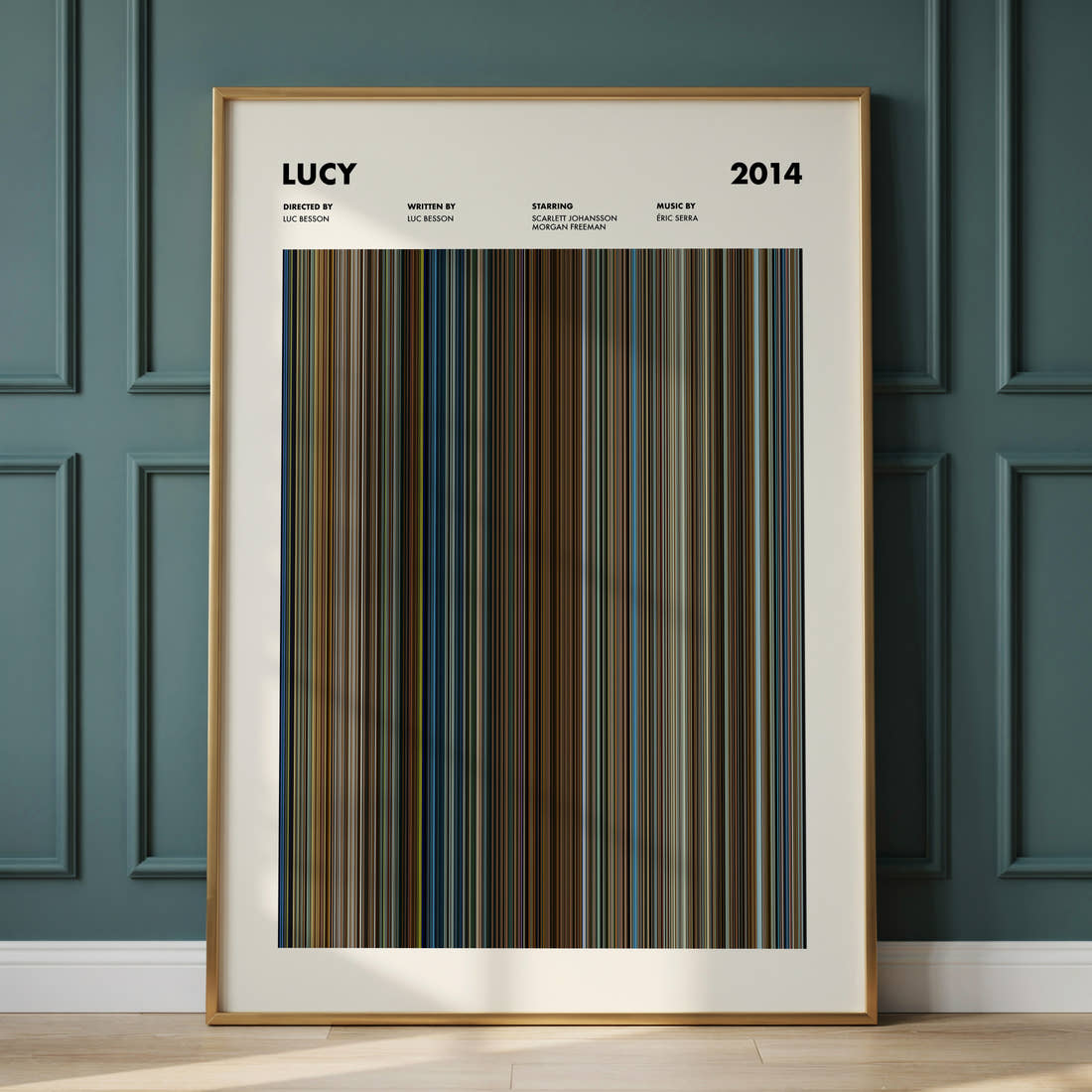 Lucy Movie Barcode Poster framed and leaning against a panelled wall