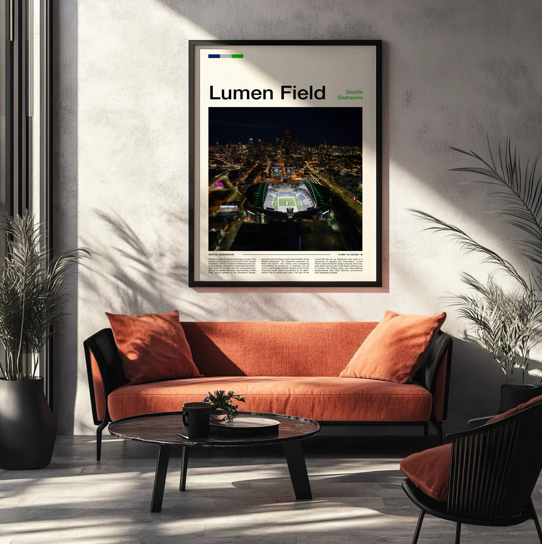 Lumen Field Stadium Print framed on the wall of a modern living room