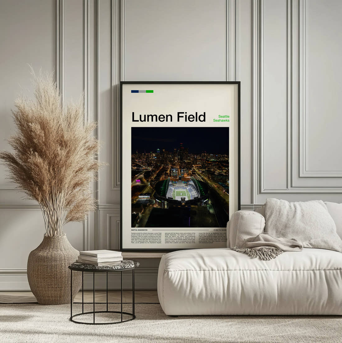Lumen Field Stadium Print framed on the wall of a calm, neutral bedroom