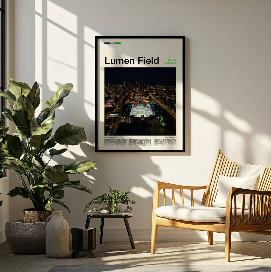 Lumen Field Stadium Print framed on a pale wall beside houseplants