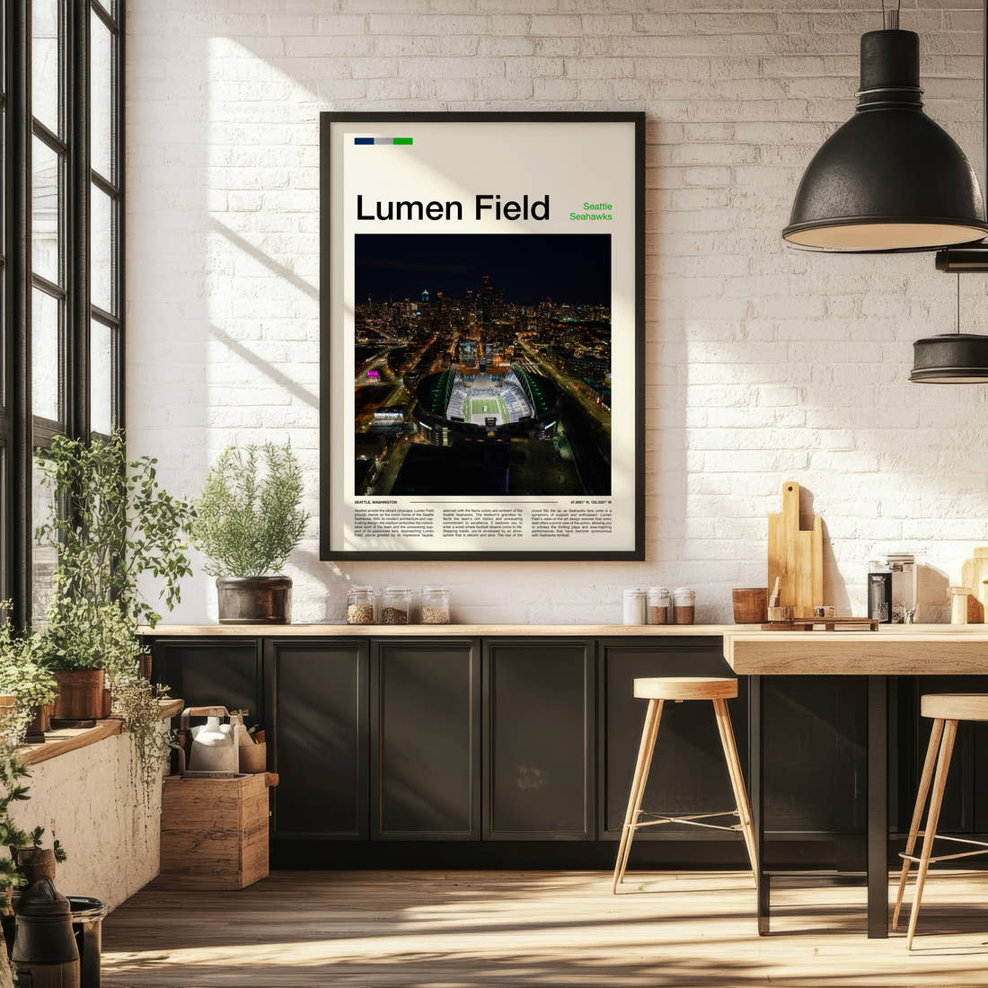 Lumen Field Stadium Print framed on the wall of a bright kitchen and dining space