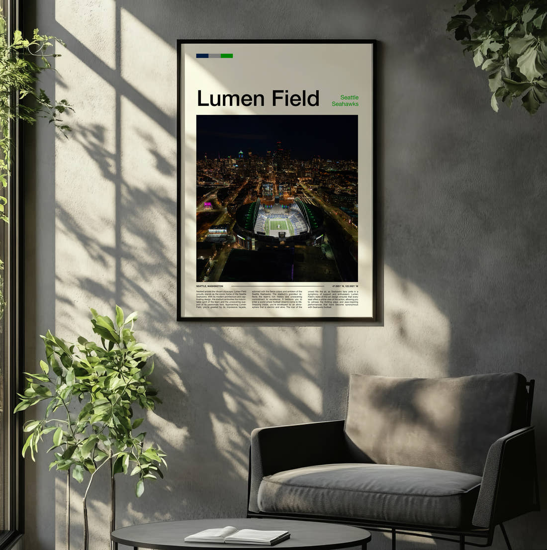 Lumen Field Stadium Print framed on the wall of a relaxed living room