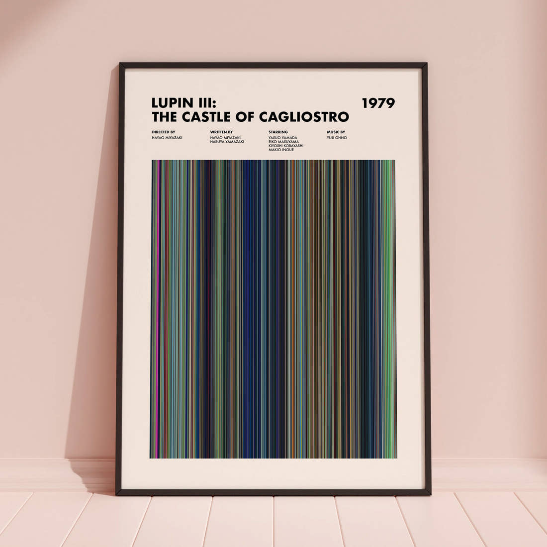 Lupin III: The Castle of Cagliostro Movie Barcode Poster framed and leaning against a coloured wall