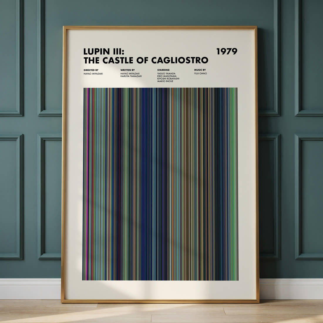 Lupin III: The Castle of Cagliostro Movie Barcode Poster framed and leaning against a panelled wall