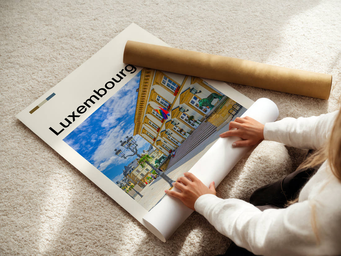Luxembourg Town Hall Travel Print being unrolled from its postal tube