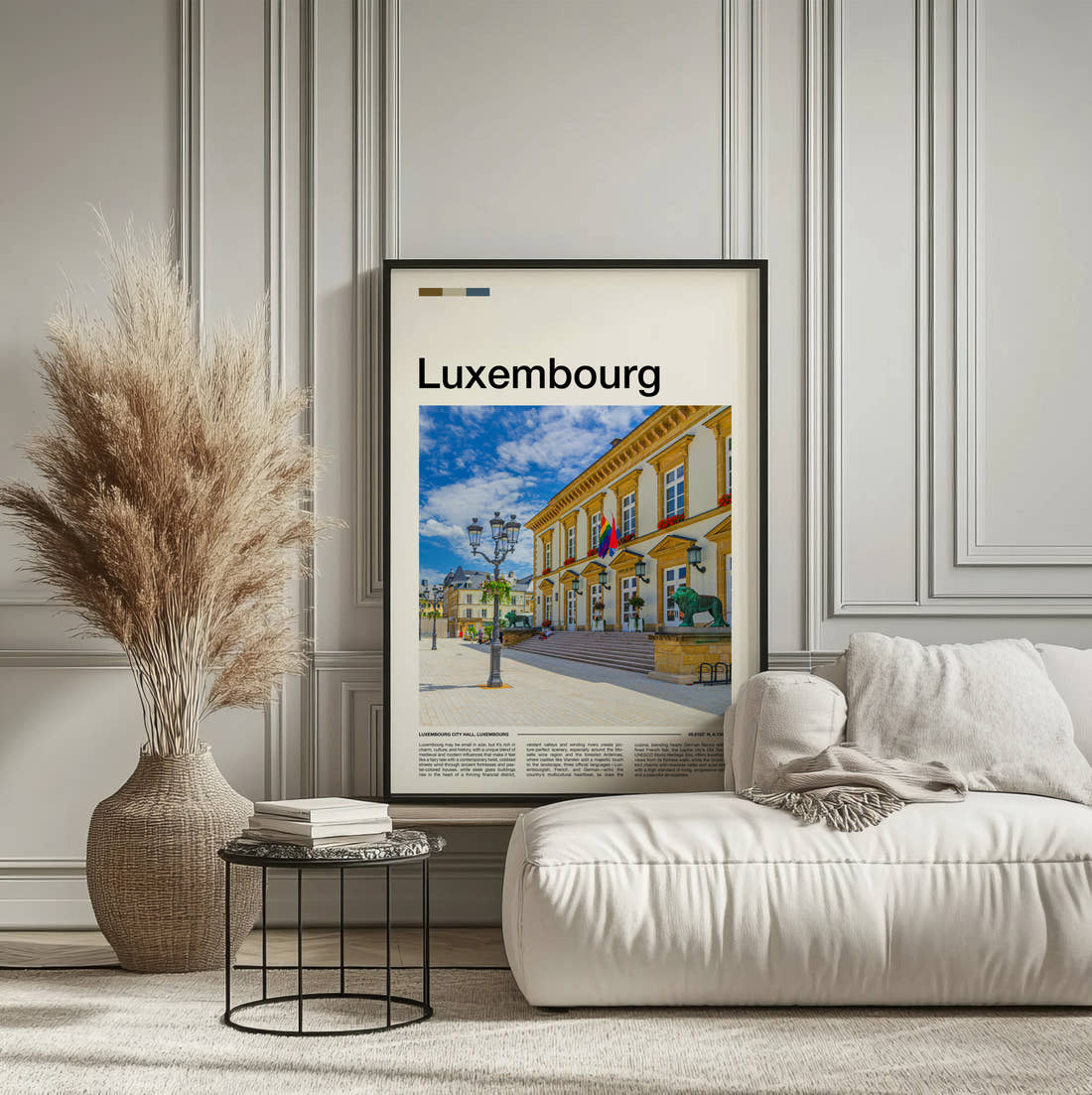Luxembourg Town Hall Travel Print framed on the wall of a calm, neutral bedroom