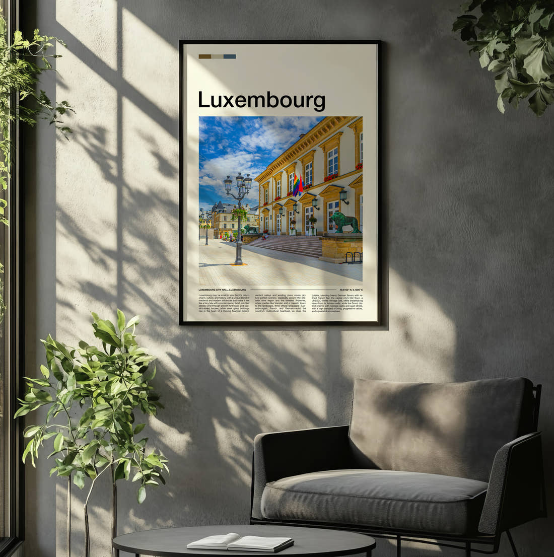 Luxembourg Town Hall Travel Print framed on the wall of a relaxed living room