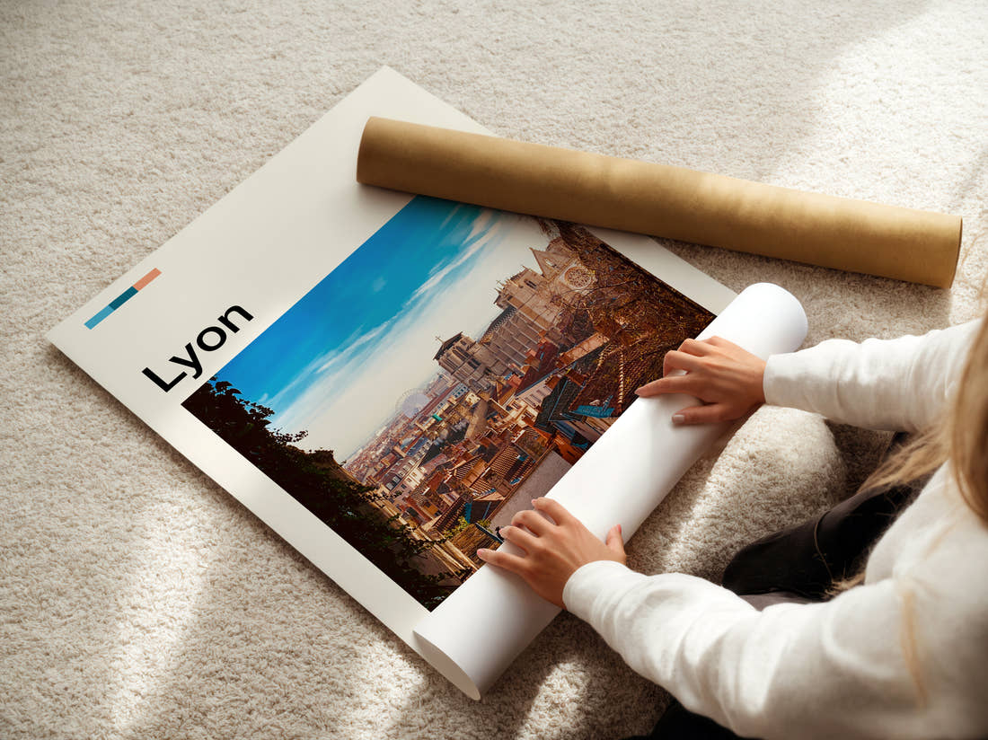 Lyon Old Town Rooftops Travel Print being unrolled from its postal tube