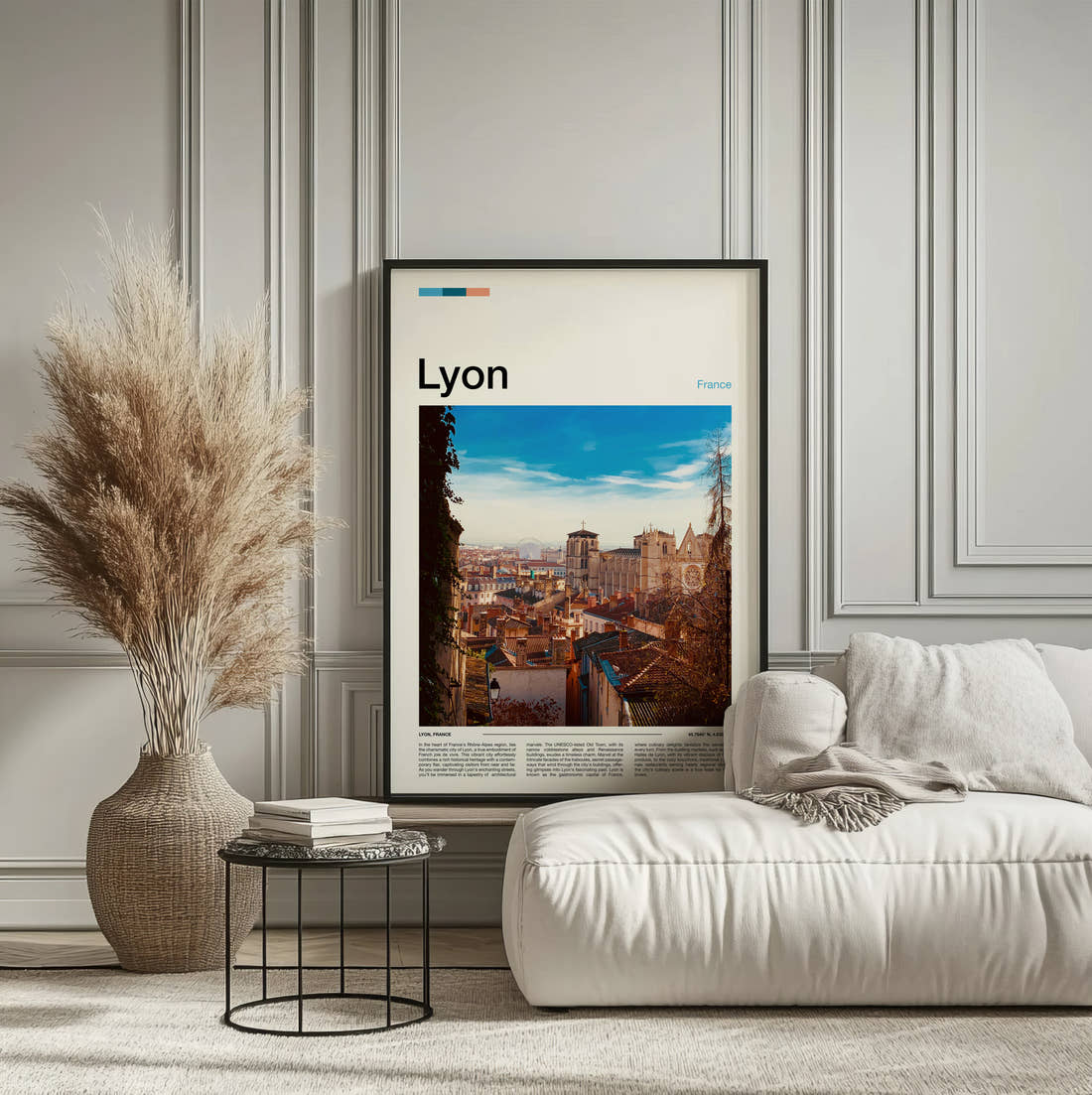 Lyon Old Town Rooftops Travel Print framed on the wall of a calm, neutral bedroom