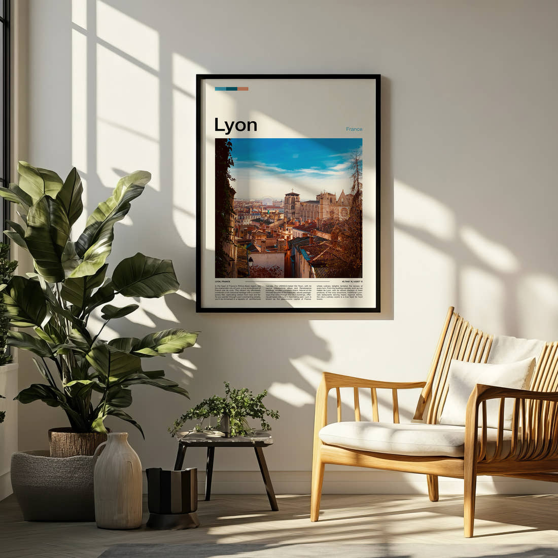 Lyon Old Town Rooftops Travel Print framed on a pale wall beside houseplants