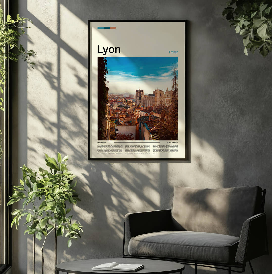 Lyon Old Town Rooftops Travel Print framed on the wall of a relaxed living room