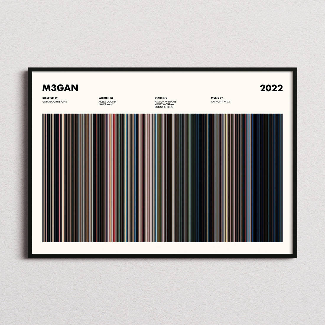 M3gan Movie Barcode Poster framed and photographed straight on