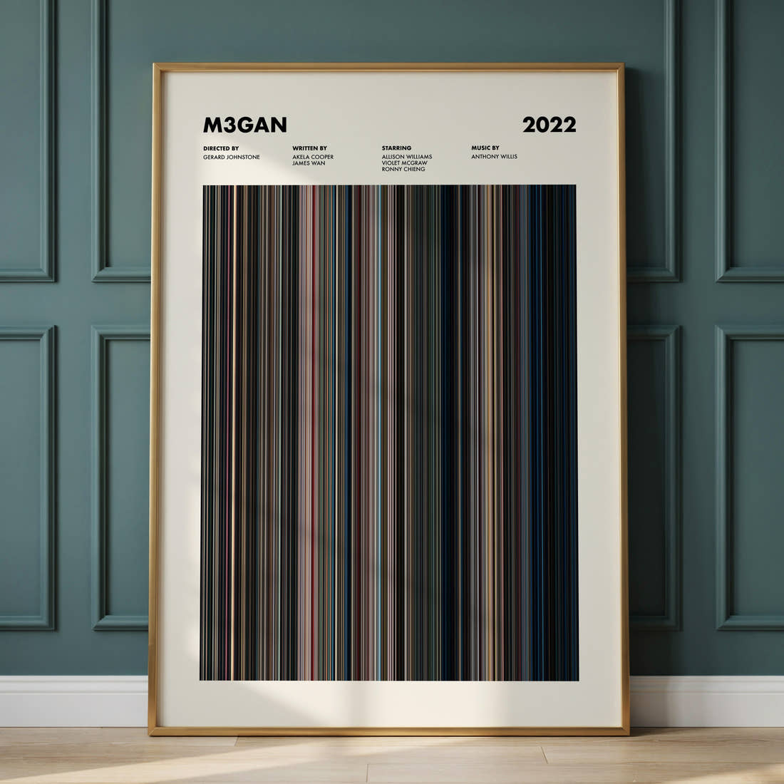 M3gan Movie Barcode Poster framed and leaning against a panelled wall