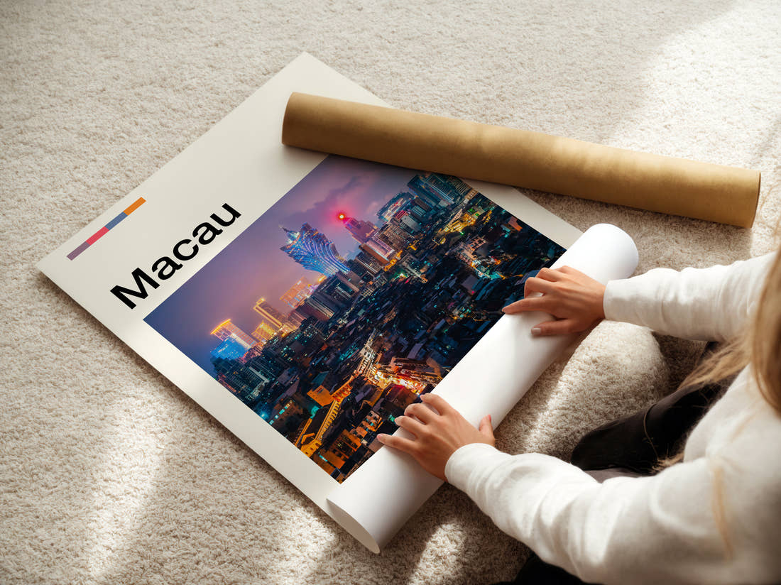 Macau Travel Print being unrolled from its postal tube
