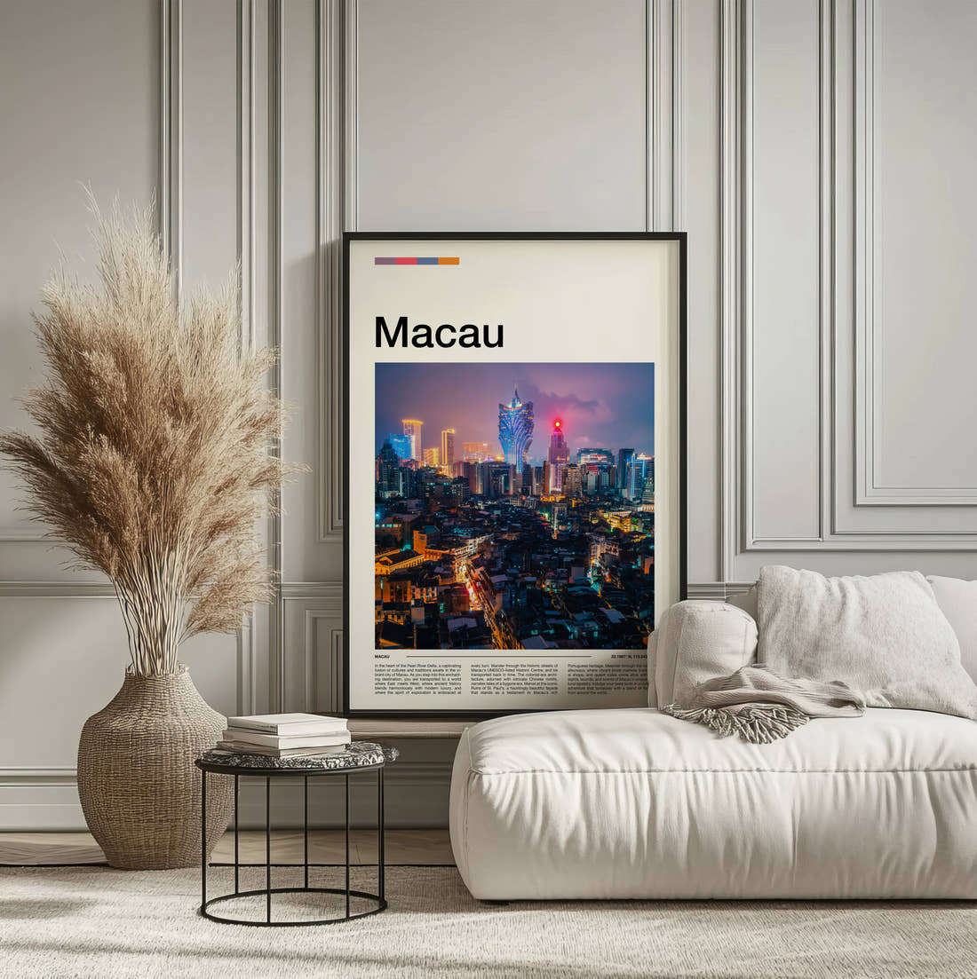 Macau Travel Print framed on the wall of a calm, neutral bedroom
