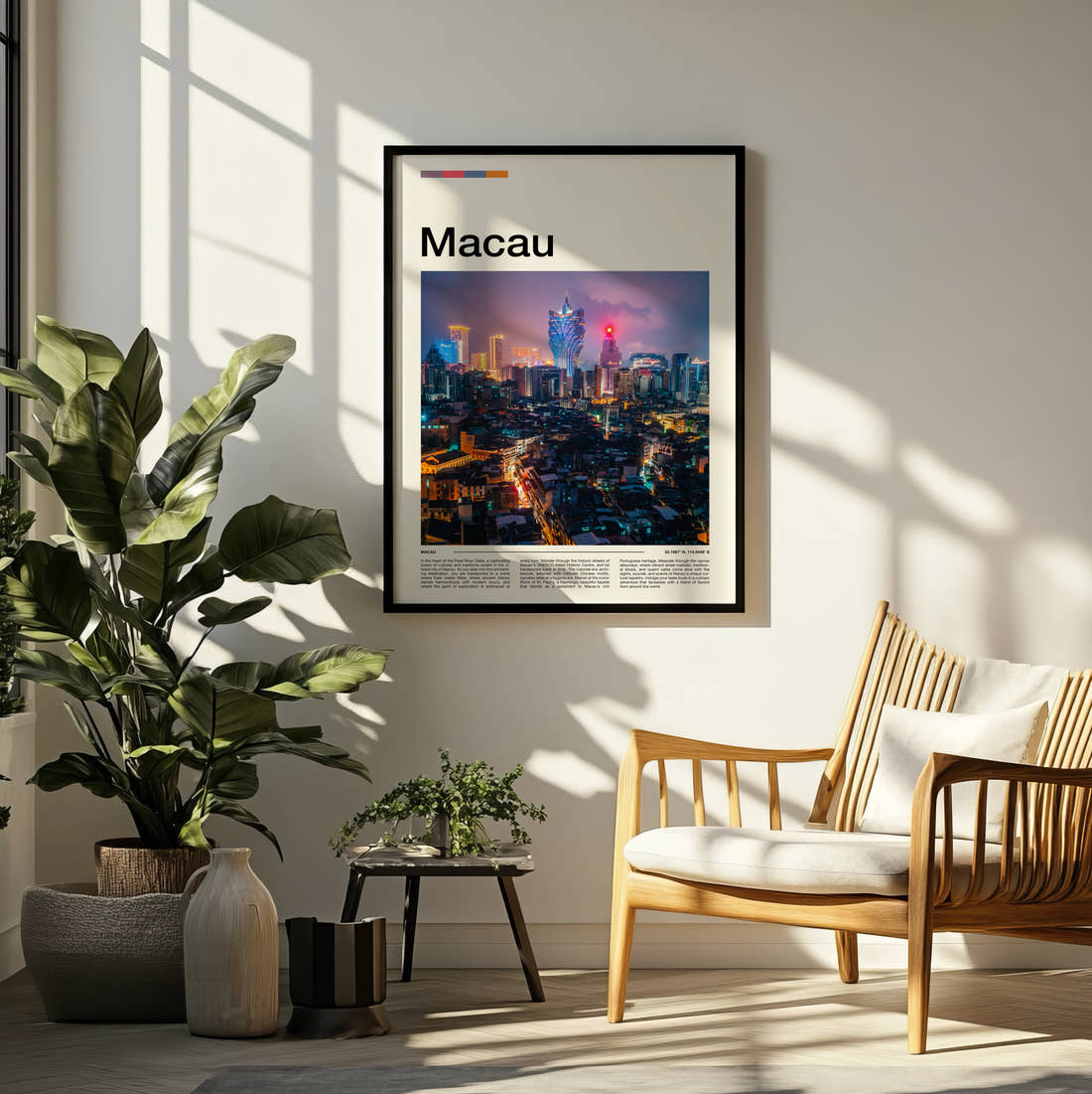Macau Travel Print framed on a pale wall beside houseplants