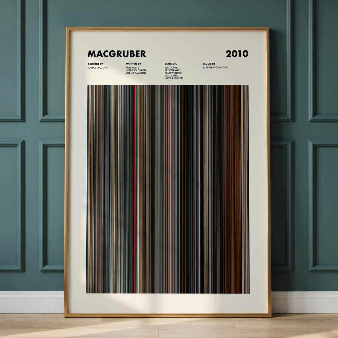 MacGruber Movie Barcode Poster framed and leaning against a panelled wall
