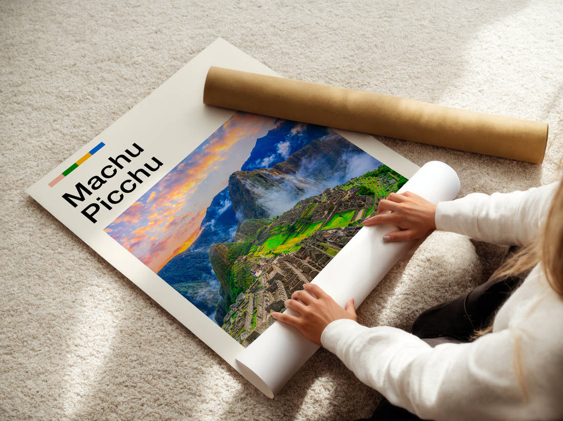 Machu Picchu Ancient Mountain Ruins Travel Print being unrolled from its postal tube
