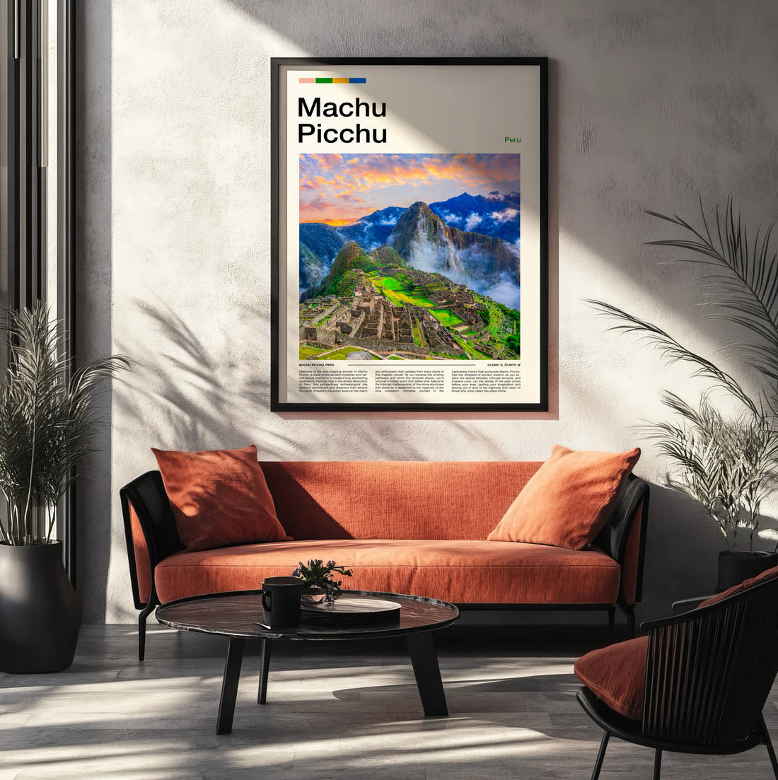 Machu Picchu Ancient Mountain Ruins Travel Print framed on the wall of a modern living room