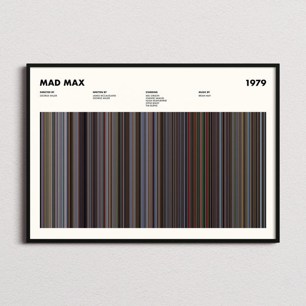 Mad Max 1979 Movie Barcode Poster framed and photographed straight on