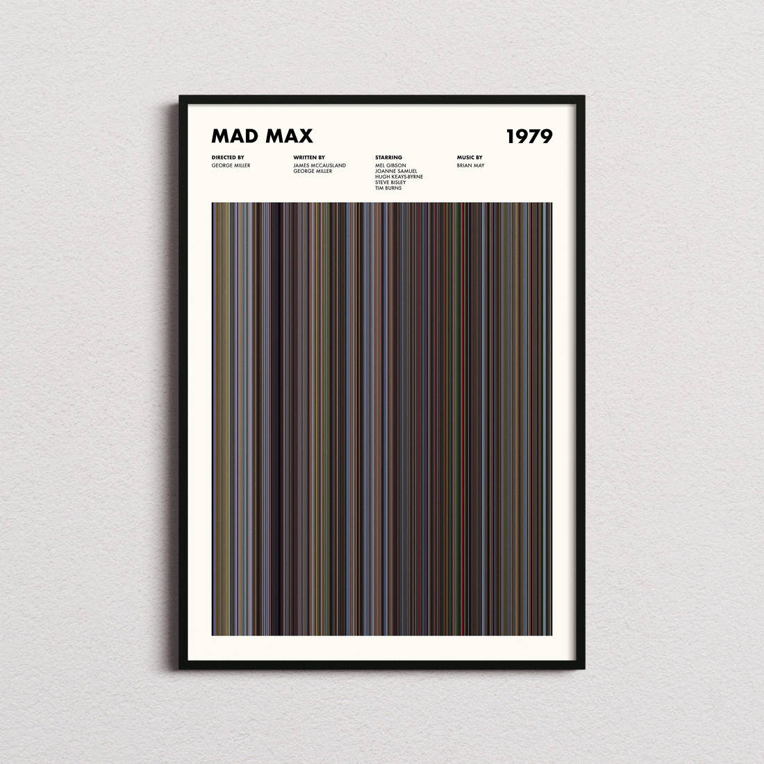 Mad Max 1979 Movie Barcode Poster framed on a plain studio wall