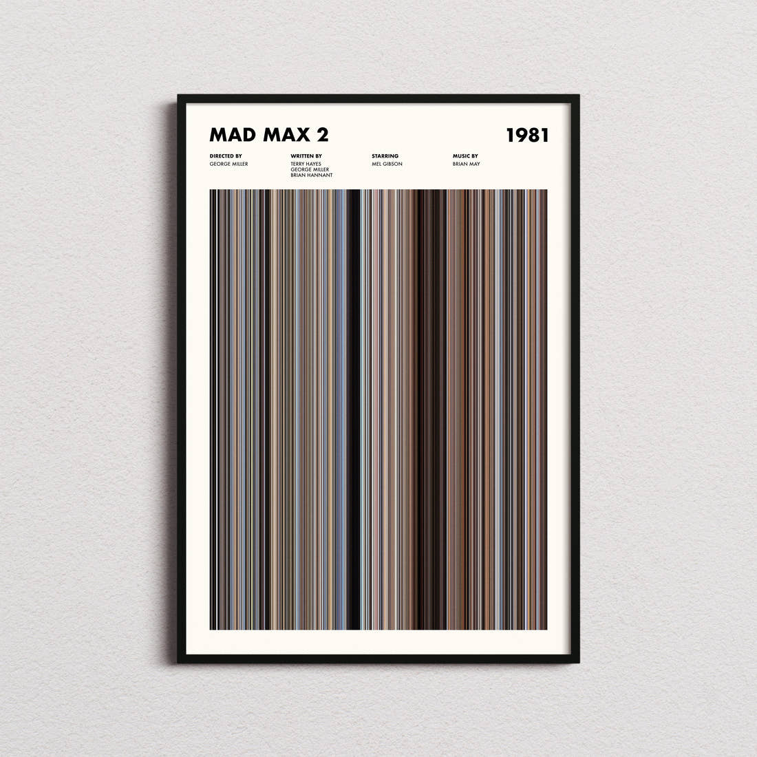 Mad Max 2 Movie Barcode Poster framed on a plain studio wall