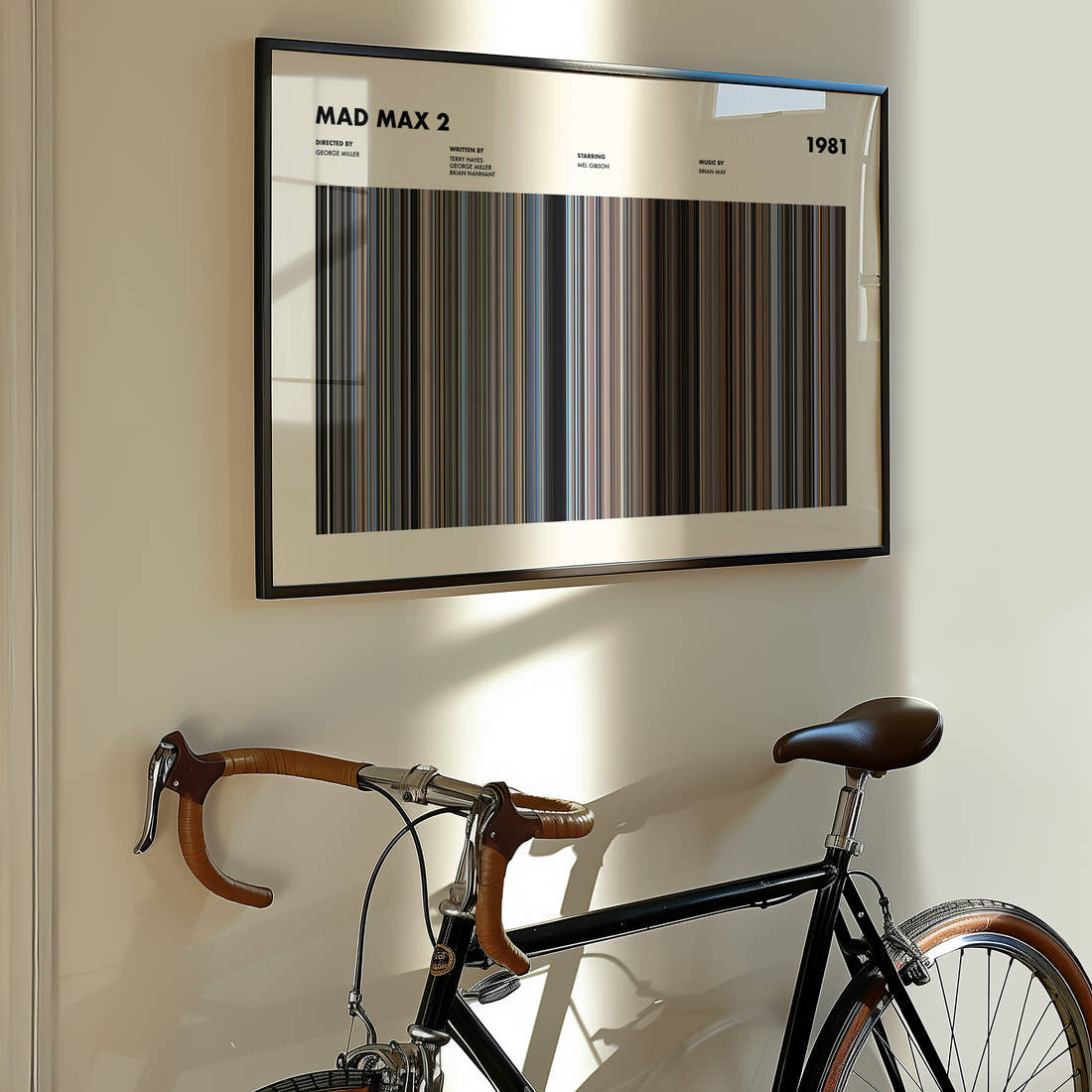Mad Max 2 Movie Barcode Poster framed on the wall of a styled room setting